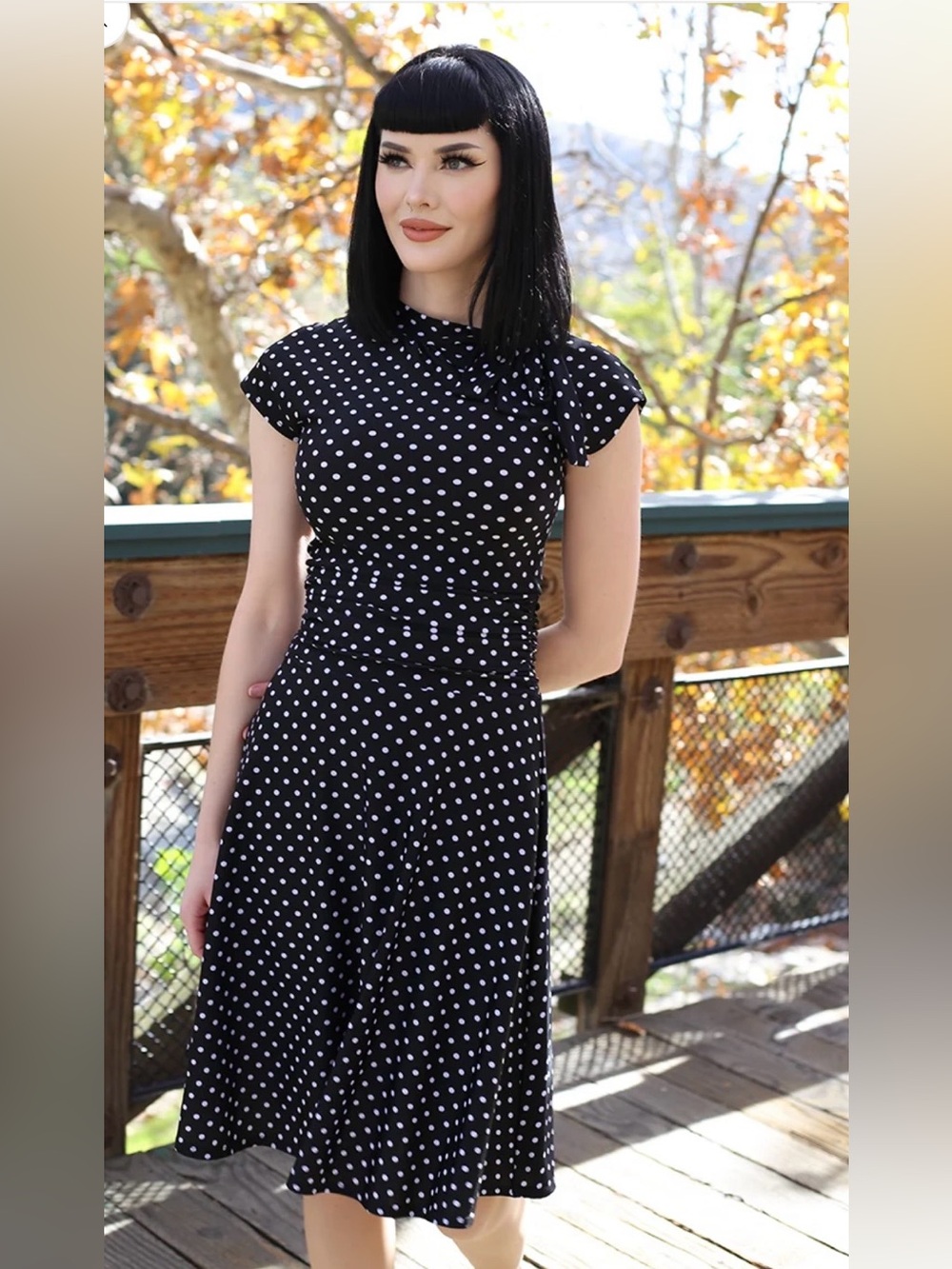Retrolicious 50s Bridget Polkadot Bombshell High Neck Dress, Blk/White, S, EUC